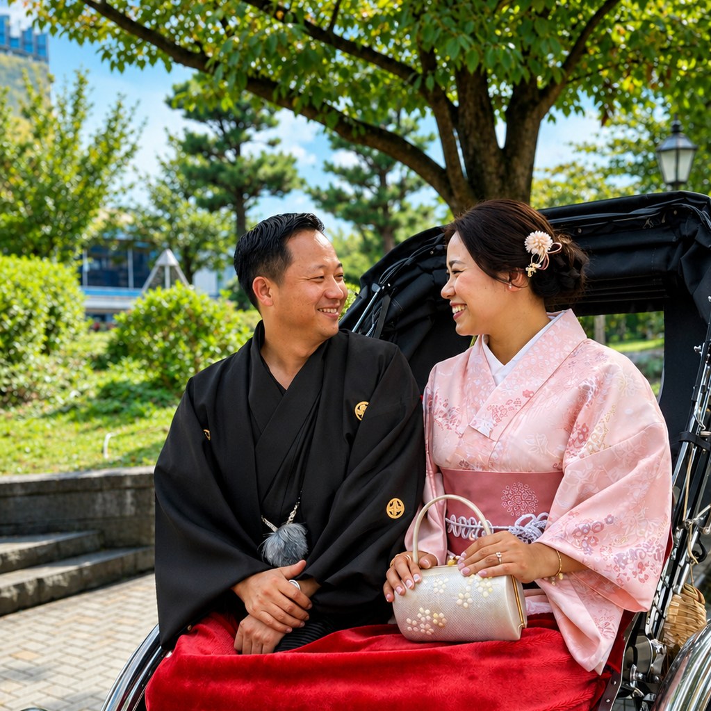 Couple in kimono riding a rickshaw in Asakusa